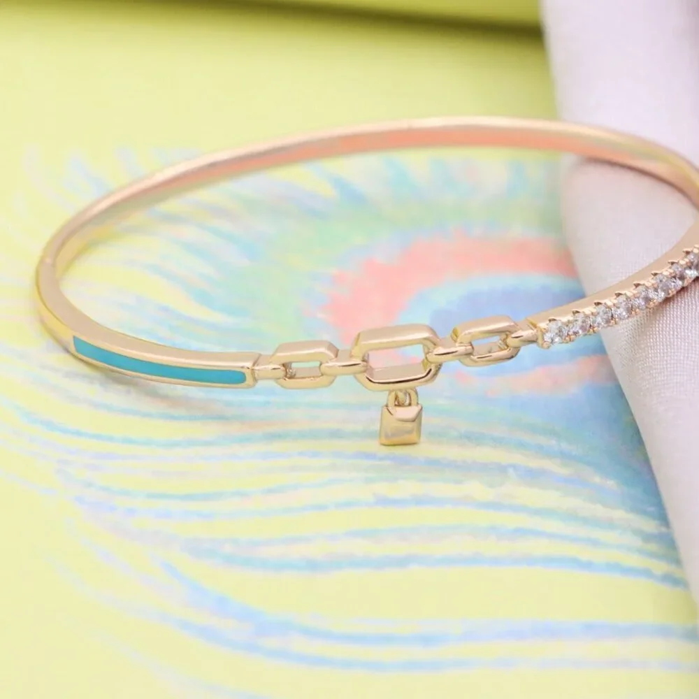 Chic Rose Gold Bangle with Lock Charm and Blue Enamel Accent, XPBL0432